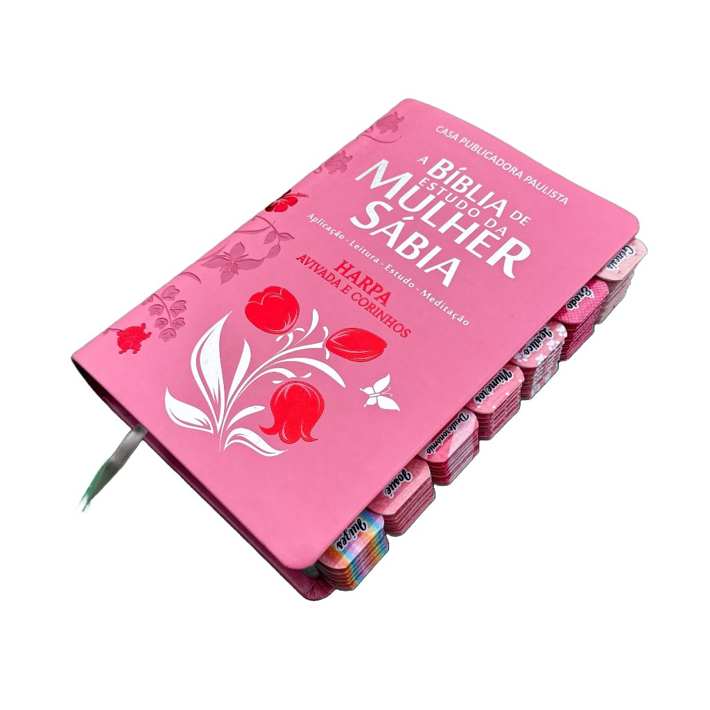 Bíblia de Estudo da Mulher Sábia Tulipa rosa ARC com abas adesiva