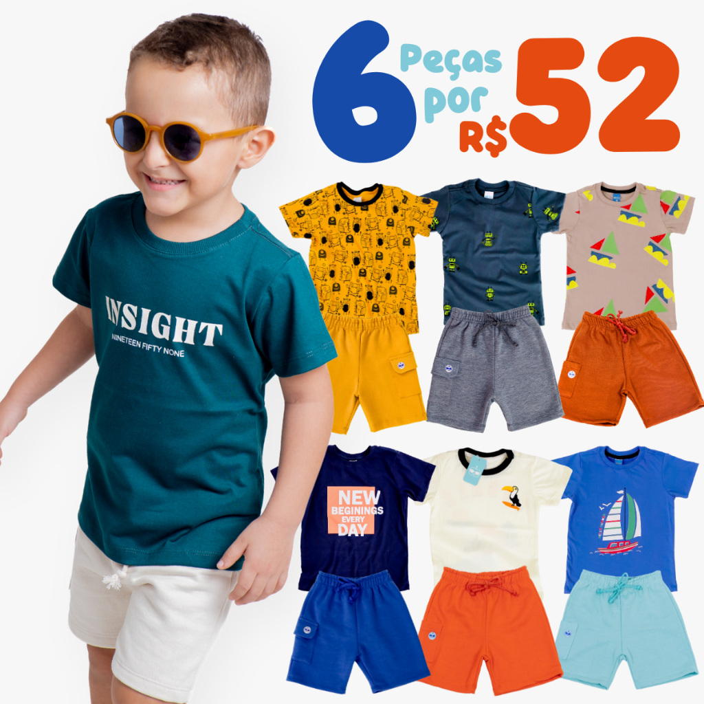 Kit Verão 6 Peças Roupa Infantil Menino 2 a 12 Anos 3 Conjunto infantil ...