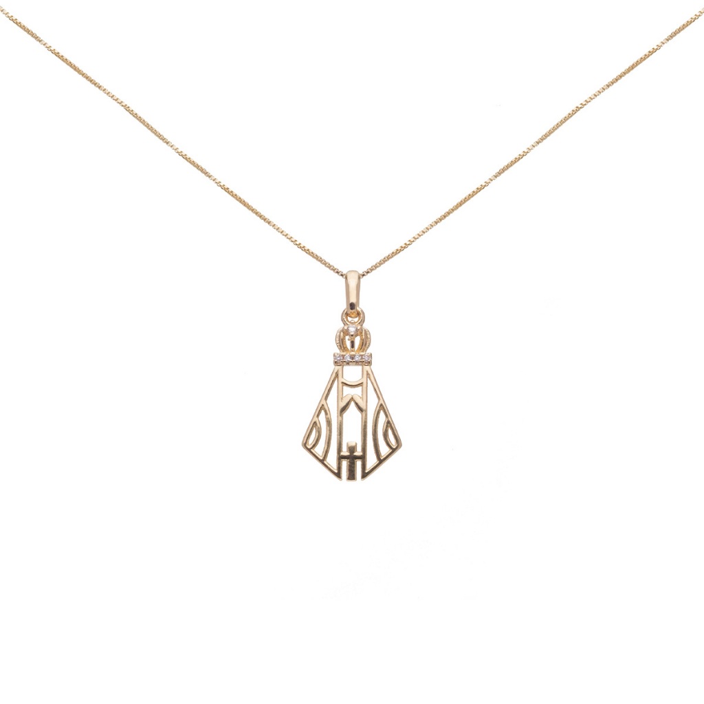 Colar Nossa Senhora Aparecida Vazada Pedras Banhado Ouro 18K