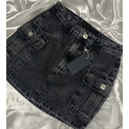 Saia Cargo Jeans Feminina Cinza com Bolsos Laterais