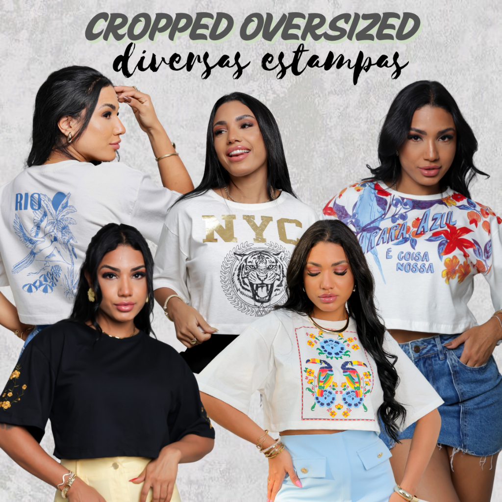 Cropped Oversized Feminino Estampas Diversas 100% Algodão