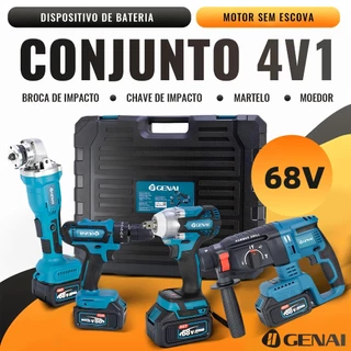 68V Kit Martelete Parafusadeira Chave De Impacto Esmerilhadeira 4 Em 1 Com Acessórios E Caixas