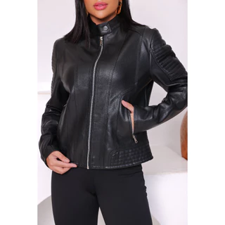 Jaqueta de Couro Feminina Elegante Marrom Preto Corte Slim Fit De Promoção