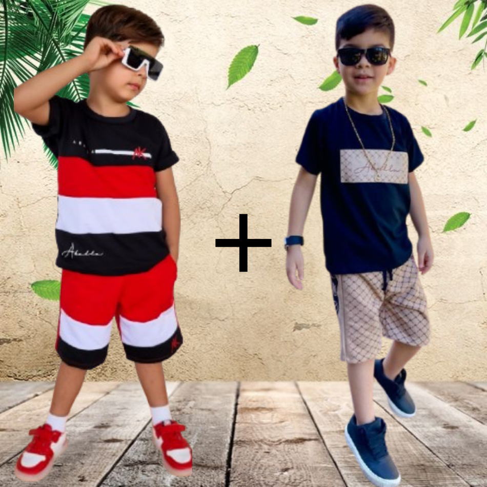 Roupa Infantil Masculino Verão Kit De 2 Conjuntos Camisa E Bermuda ...