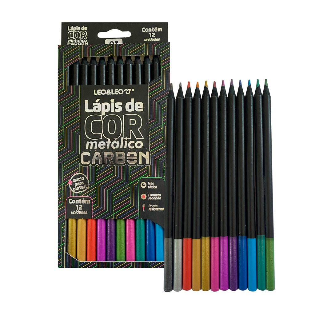 Lápis De Cor Carbon 12 Cores Metálicas Redondo - Leo&Leo | Shopee Brasil