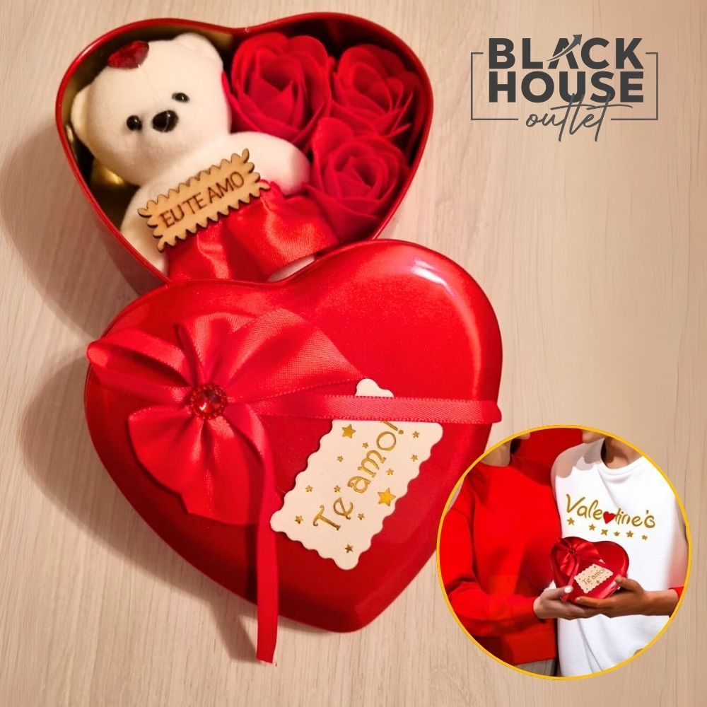 Caixa Coração de Presente Metal com Ursinho e Rosas Dia das Mães Namorados