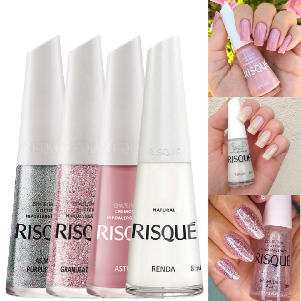 Kit 4 Esmaltes Risque Cremoso Rosinha Renda e Glitter Manicure Coleção ...