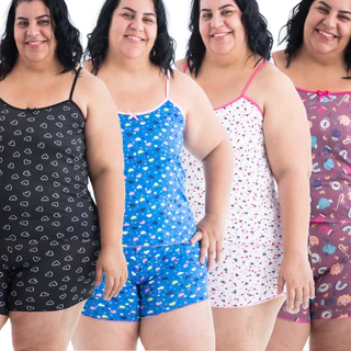 Kit 4 Conjunto Pijama Plus Size Baby Doll Sem Bojo Feminino Roupa Durmir Mulher Premium Teste