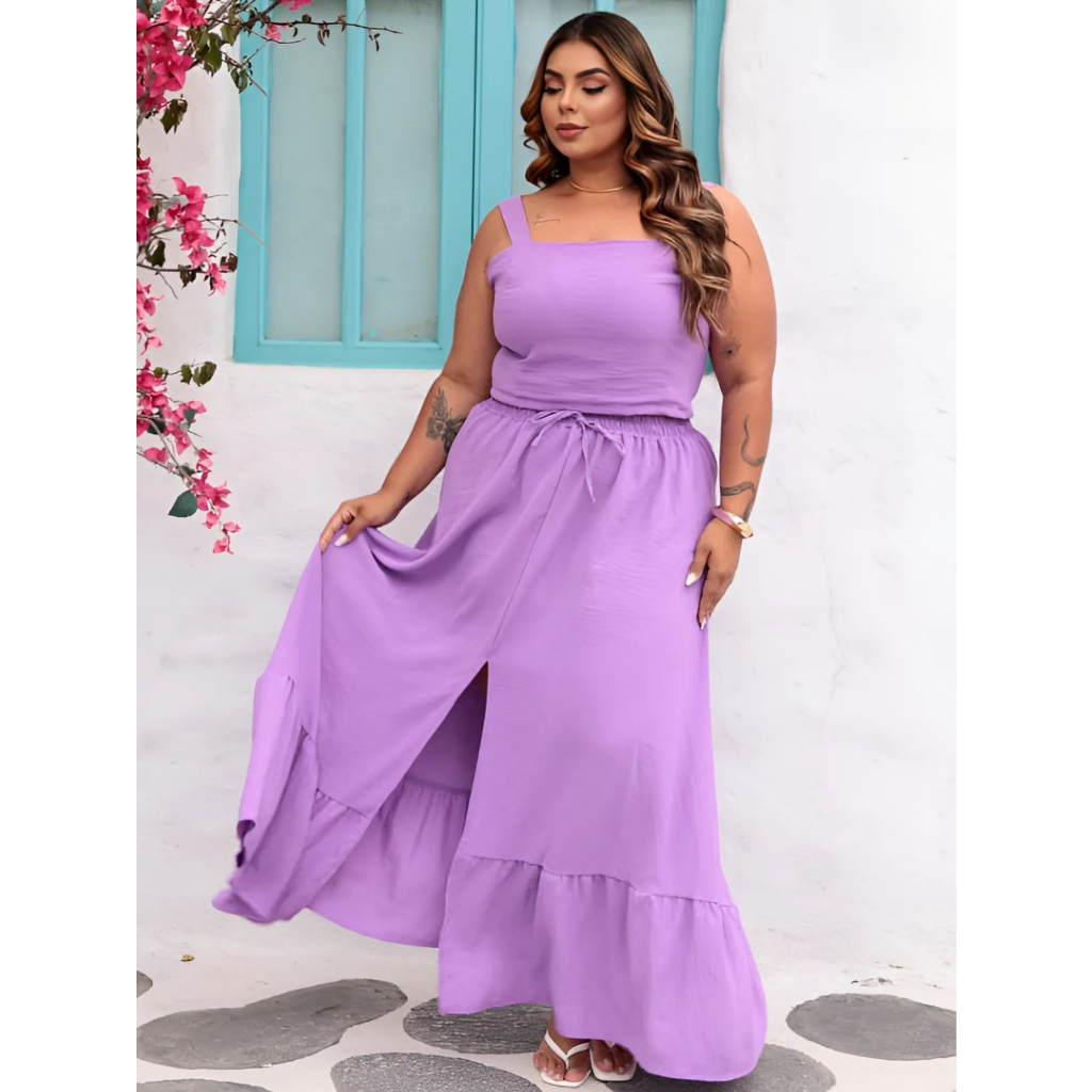 Conjunto Feminino Plus Size Saia Longa Fenda Tres Marias Blusa
