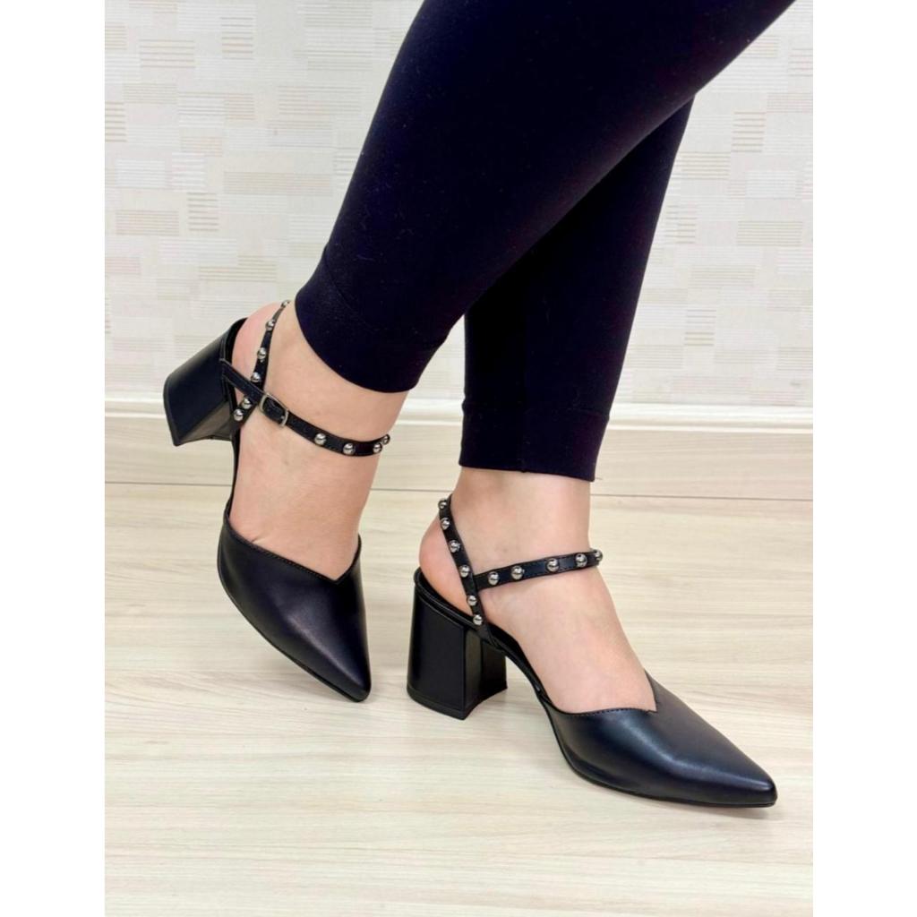 Scarpin Mariah Salto Medio Grosso 6cm Elegante Feminino com Tiras ...
