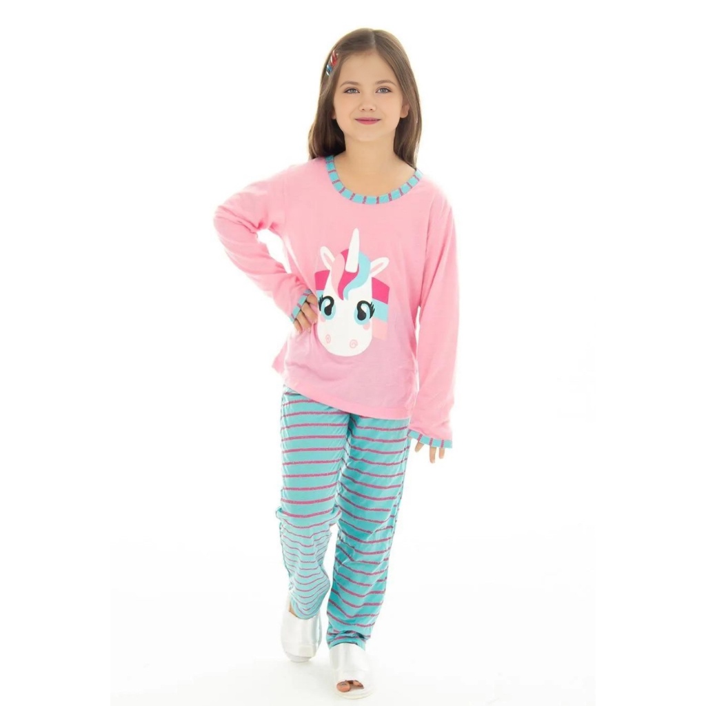 Pijama Infantil Manga Longa Feminino Unicórnio Inverno Estampado Confortável Elástico na Cintura em Oferta na Shopee