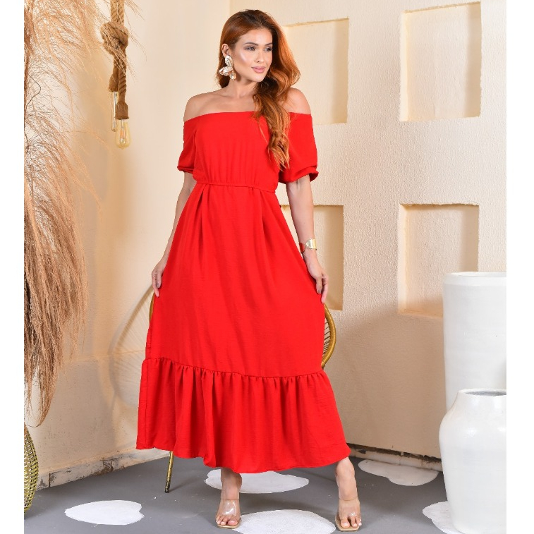 Vestido Longo Feminino Festa Casamento Formatura Batizado Duna Premium Manga Babado