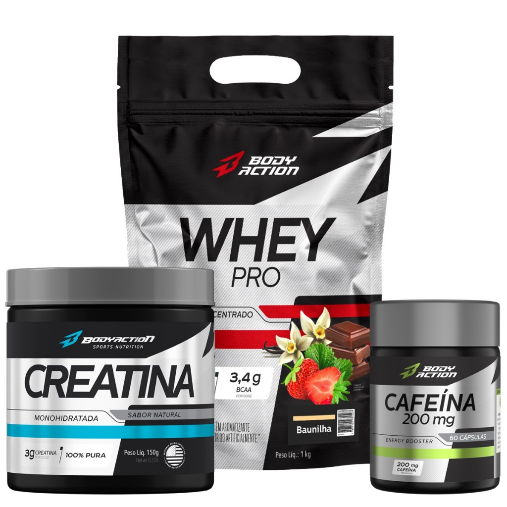 Whey Protein 1kg + Creatina Pura Monohidratada 150g + Cafeína 60 Caps ...