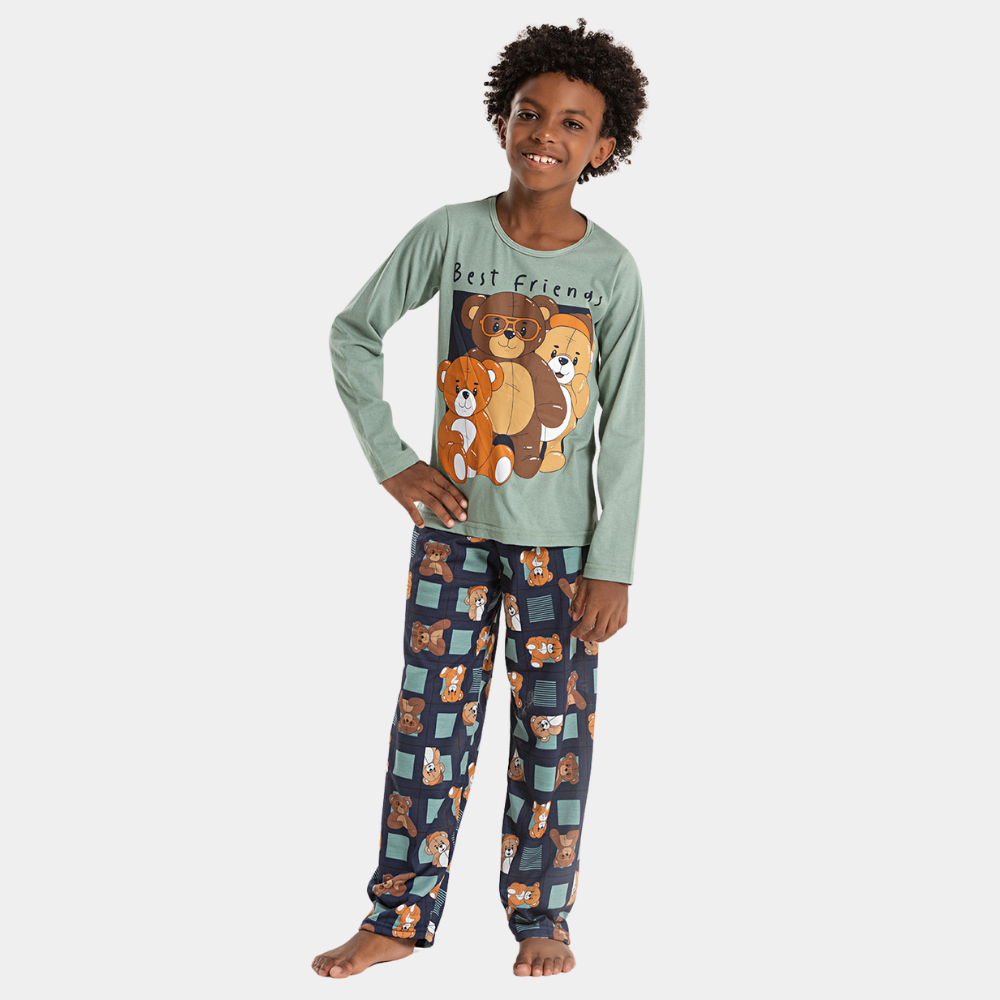 Pijama Longo Infantil Menino Blusa e Calça Ursinhos Amigavéis em Oferta na Shopee