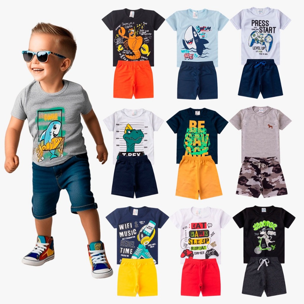 kit 12 peças de roupas masculino infantil 6 Conjuntos menino verão ...