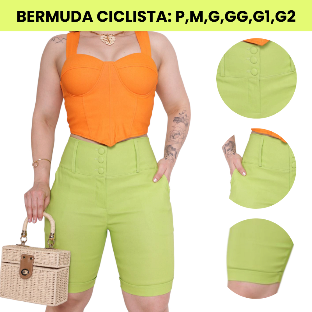 Bermuda Feminina Social Ciclista Botão Bolso Bengaline Cintura Alta Confortável Inverno Plus Size