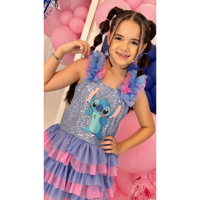 Vestido infantil Fantasia Luxo Lilo e Stitch roupa stitch paetê rosa ...