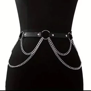 Cinto Couro com Corrente Lateral Argola Punk Rock Metal Gotic