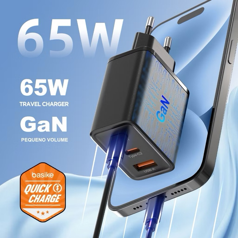 Carregador Turbo Basike GaN 30W / 65W | Multiportas USB e Tipo-C - Carrega até 3x Mais Rápido!