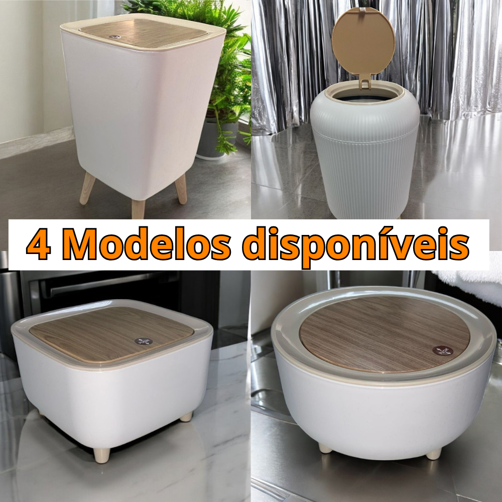 Lixeira Moderna c/ Pés de Madeira e Tampa de Pressão p/ Sala, Banheiro ...