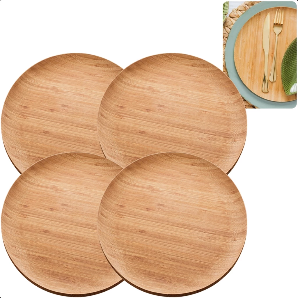 Jogo 4 Pratos Rasos de Bambu Natural 27cm Verona