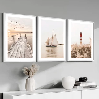 Kit 3 Quadros Decorativos Moldura 50X70 cm Grande Sala Com Vidro Barco Farol Escritório Quarto