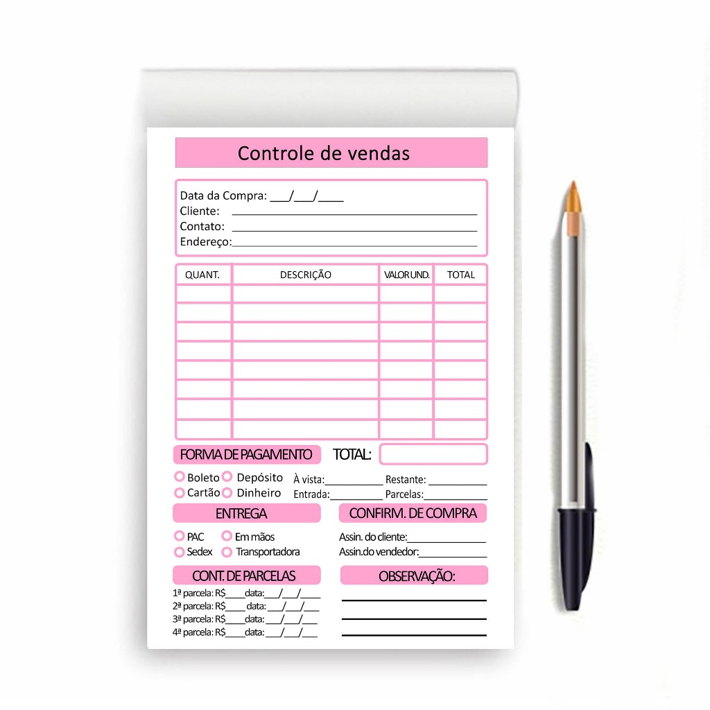 BLOCO DE VENDAS COM CONTROLE DE PARCELAS COMPLETO COM 100 FOLHAS A5 ...
