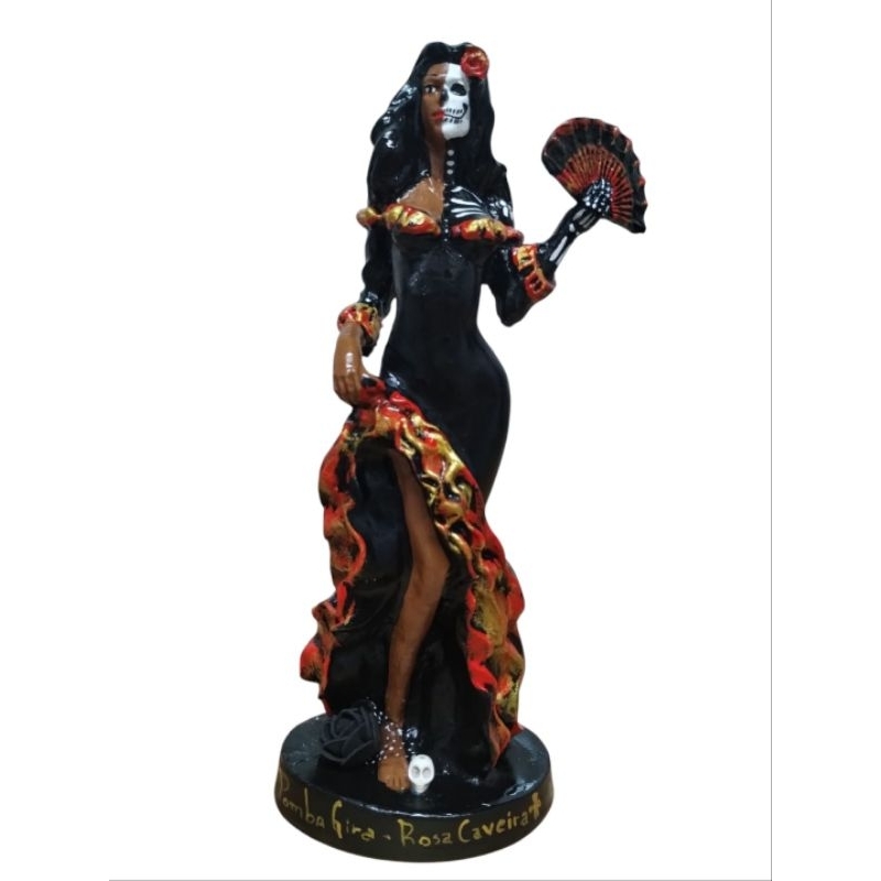 Pomba gira rosa caveira vestido preto umbanda candomblé religião estátua guia