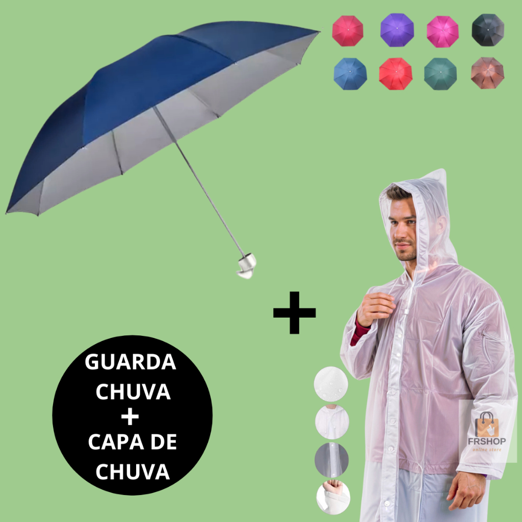 Kit Guarda Chuva Reforçado Pequeno Sombrinha de Bolsa + Capa de Chuva ...