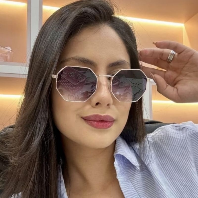 óculos de sol hexagonal masculino femininolente com proteção uv400