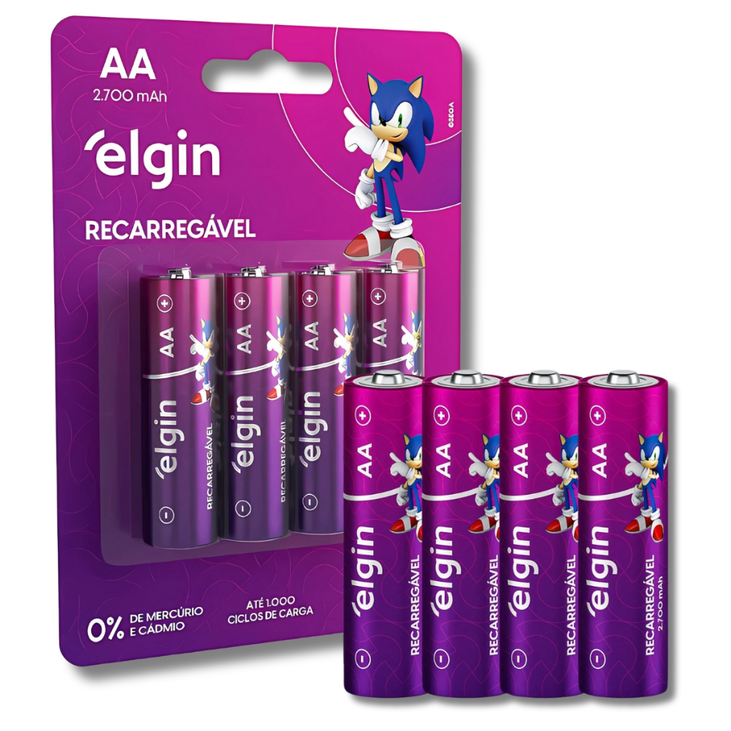 Kit 4 Pilhas Recarregável AA 2700mAh Elgin Sonic Pack