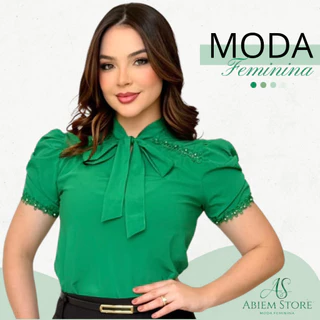 Laço Manga Curta Blusa Feminina Casual Basica Elegante Moda Evangélica com detalhe de Renda Social