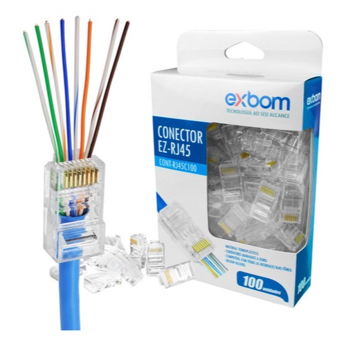 Kit 100 Conector Rj45 De Passagem Ez Crimp Cat5e Ouro Vazado