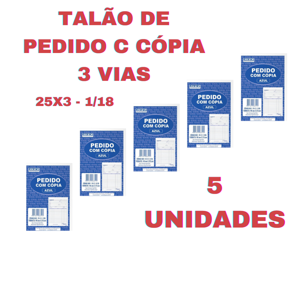 5 Blocos Talão Pedido 1/18 3 Vias 25x3 50 Folhas Grande São Domingos ...