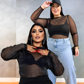 Kit 2 Body Plus Size Transparente De Tule Brilho Festa Balada