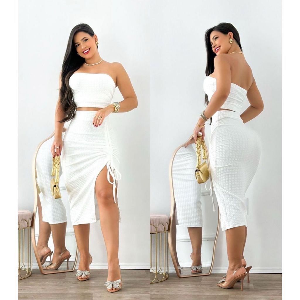conjunto saia lápis fenda+top crooped alça verão