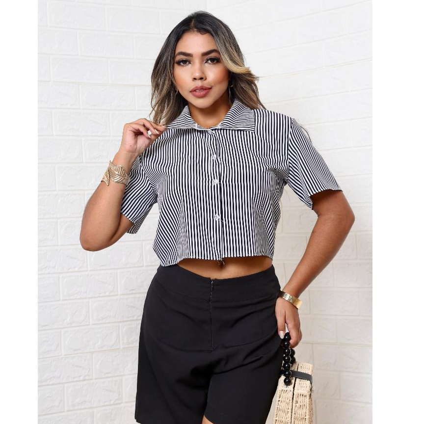 Camisa blusa social Cropped feminina manga curta 4 Botões | Shopee Brasil