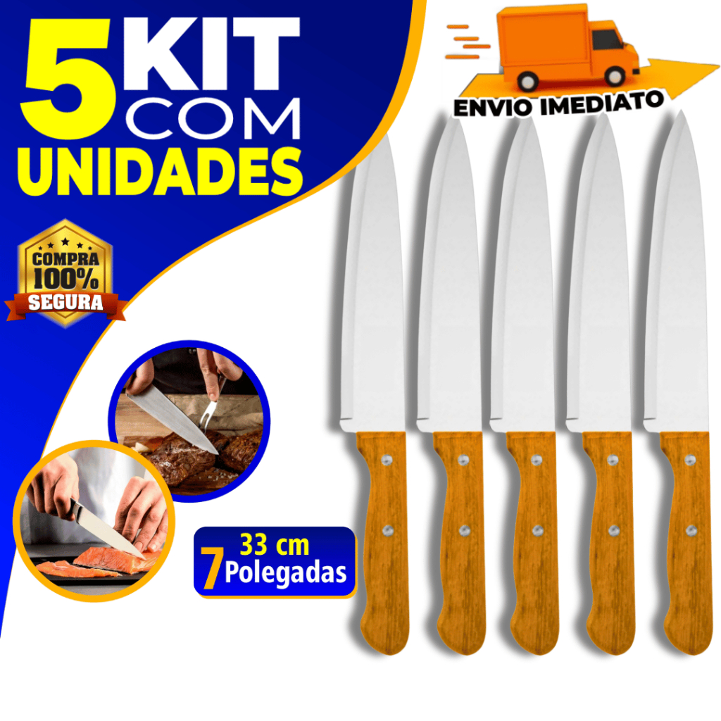 Kit 5 Faca de Cozinha Profissional 7" Do Chef Aço Inox e Cabo Madeira ...