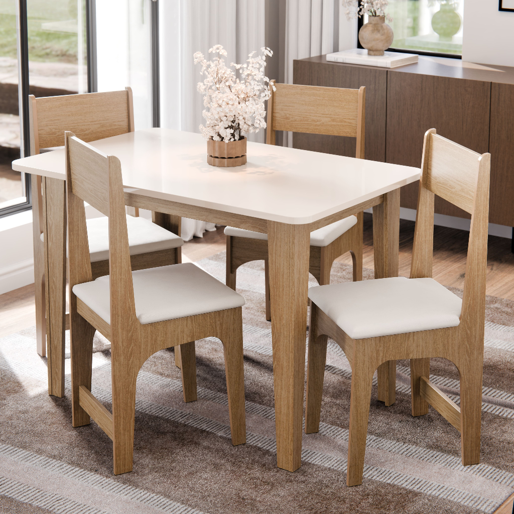 Mesa de Jantar 4 Lugares Nicoli 110cm com 4 Cadeiras Estofadas Mel Off ...