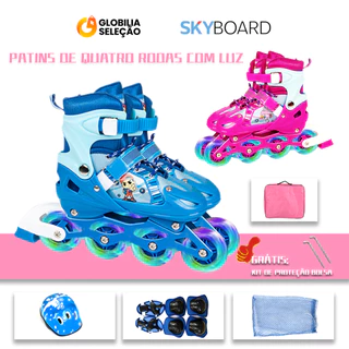 Patins Roller inLine Infantil Varias Cores Tamanho Ajustável 26-32 / 33-37 / 38-42 + Led + KIT PROTEÇÃO + Bolsa FPA5611 em Oferta na Shopee