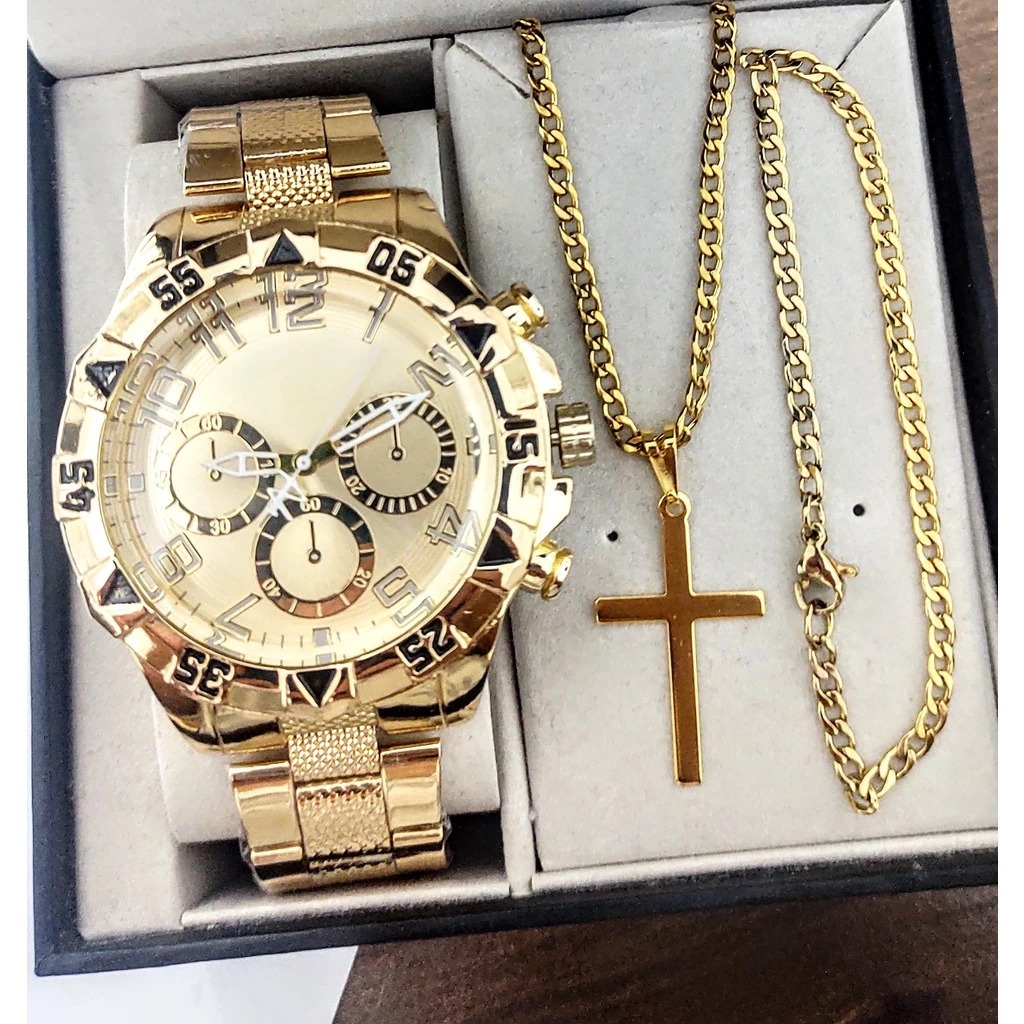 Relógio Masculino Aço Inox Conjunto C/ Corrente + Pulseira E Pingente