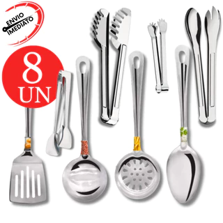 Kit Utensilios Aço Inox 8, 6 Peças Pegador Salada Carne Frios Massas Concha Espatula Escumadeira