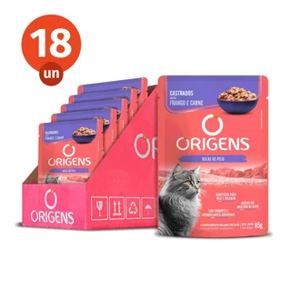 Kit CAIXA FECHADA 18 Sachê Origens Gatos Castrados Sabor Frango e Carne Premium Especial 85g Adimax em Oferta na Shopee
