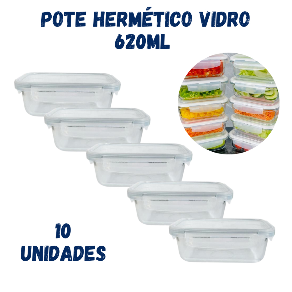 Kit 10 Pote Vidro Marmita 620ml Tampa 4 Travas Vidro Resistente
