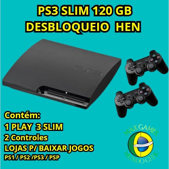 プレステ3  120GB PS3 PLAYSTATION 3 SLIM 120 GB SONY C/ 2 CONTROLES H E N JOGO ENVIO