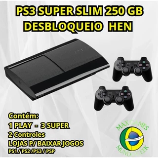 PS3 PLAYSTATION 3 SUPER SLIM 250 GB SONY *H.E.N* C/2 CONTROLES ENVIO GRAVADO FOTOGRAFADO H E N