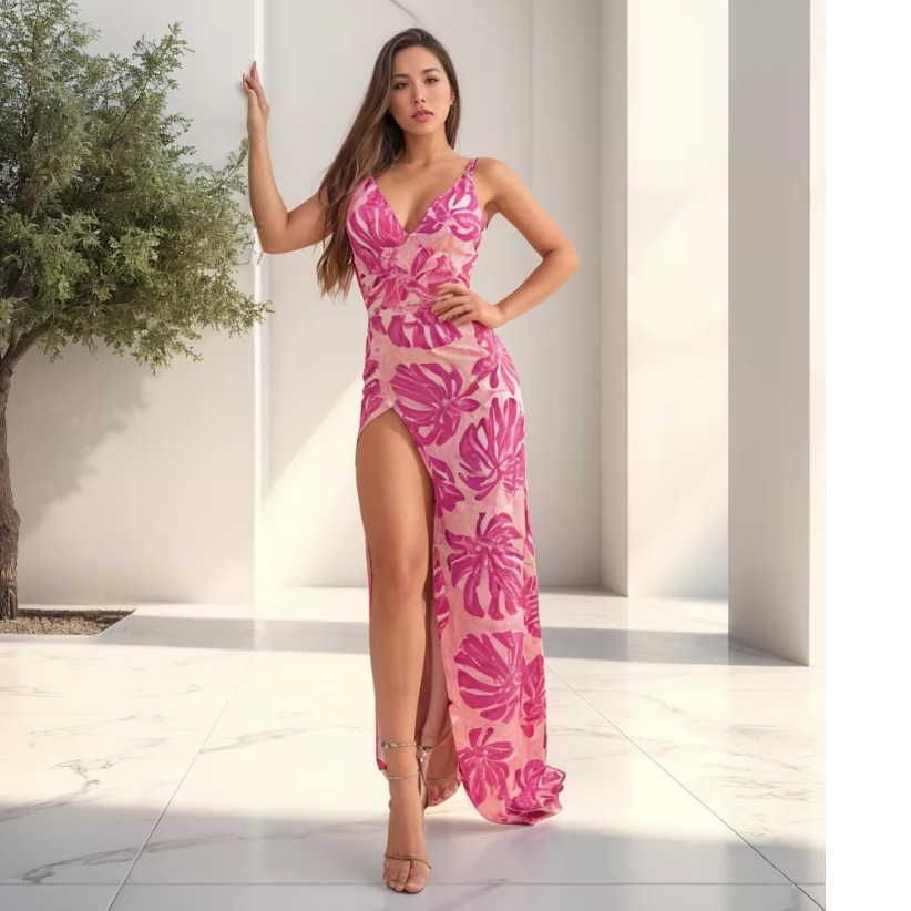 Discount vestido longo estampado com fenda na perna New Arrivals