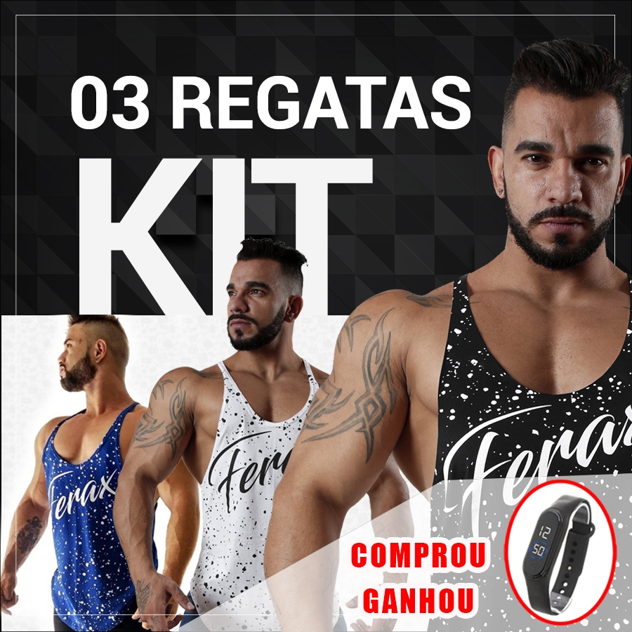 PROMOÇÃO Kit 03 Regatas cavadas Ferax Musculação bodybuilder + Relógio ...