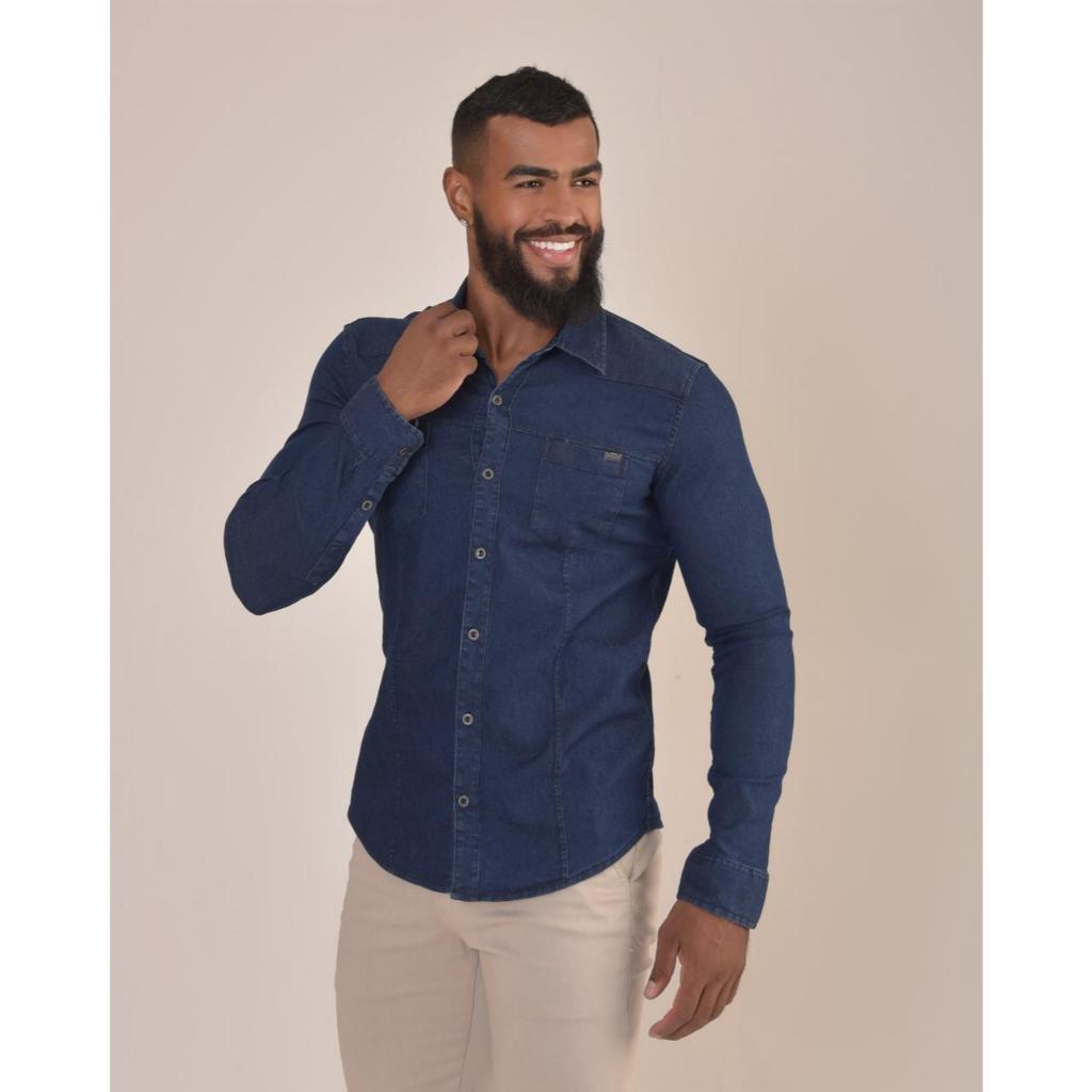 Camisa Jeans COM ELASTANO Masculino Manga Longa Slim LAYCRA LINHA PREMIUM MODELADA CASUAL