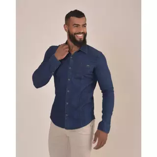 Camisa Jeans COM ELASTANO Masculino Manga Longa Slim LAYCRA LINHA PREMIUM MODELADA CASUAL